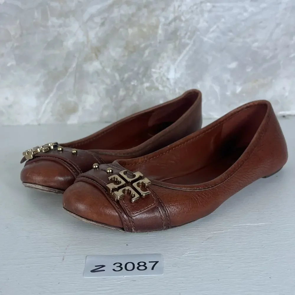 Tory Burch Brown Pebbled Leather Gold Reva Buckle Elina Ballet Flats Size 7M